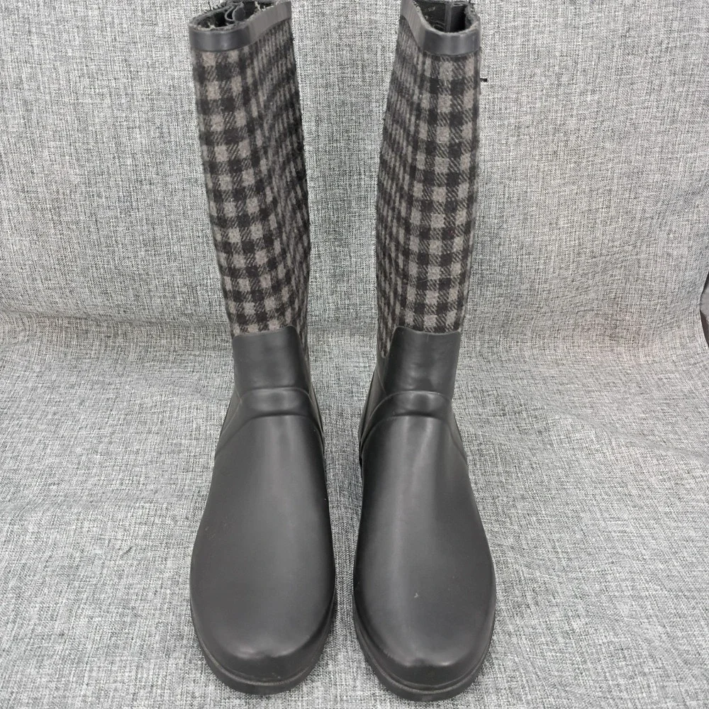 Apple Bottoms Womens 8 Plaid Rain Boots Black Gray Rhinestone Buckle Y2K Rubber